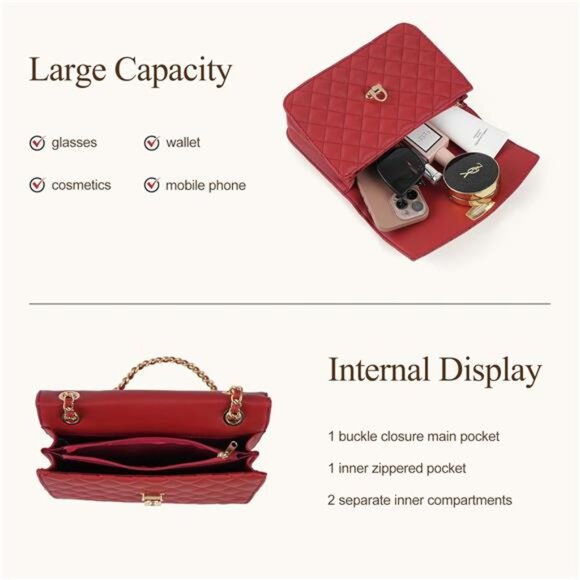 Quilted Crossbody Bags For Women, Red - Picture 4 of 6